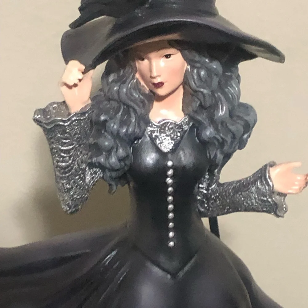 Halloween Goth Witch Figurine Black With Crow, Ruffled Gown, Freestanding
